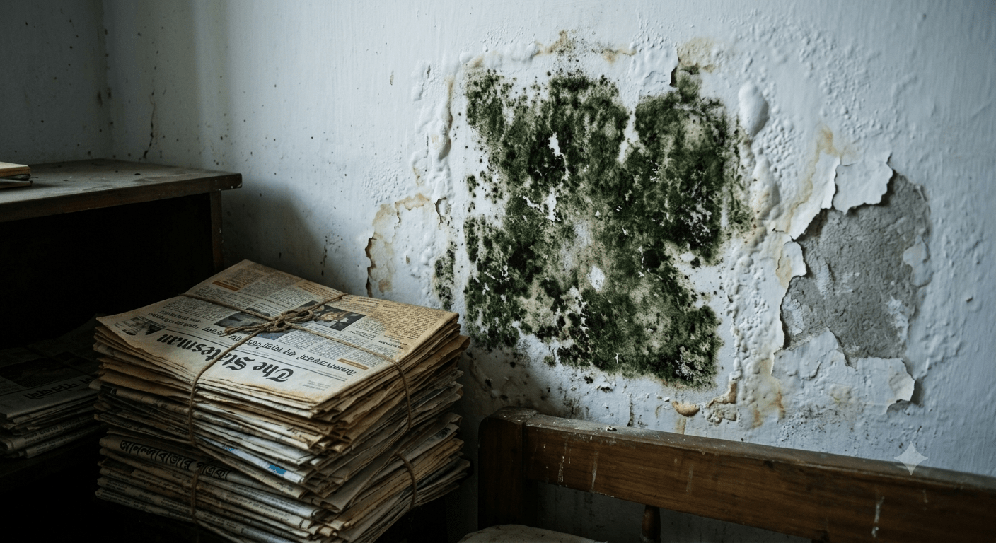 Patch of green and black mould on wall