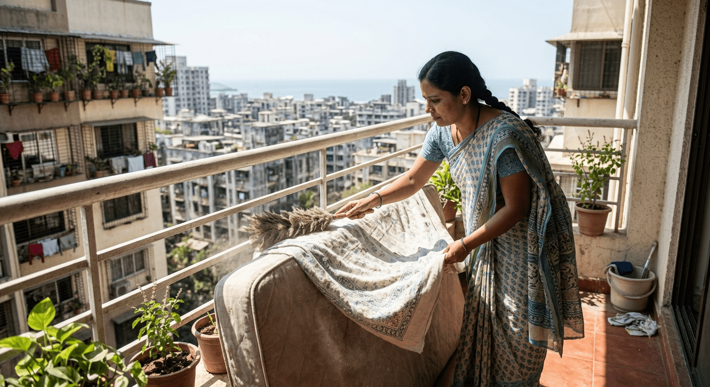 A woman dusting a mattress and blanket on a balcony