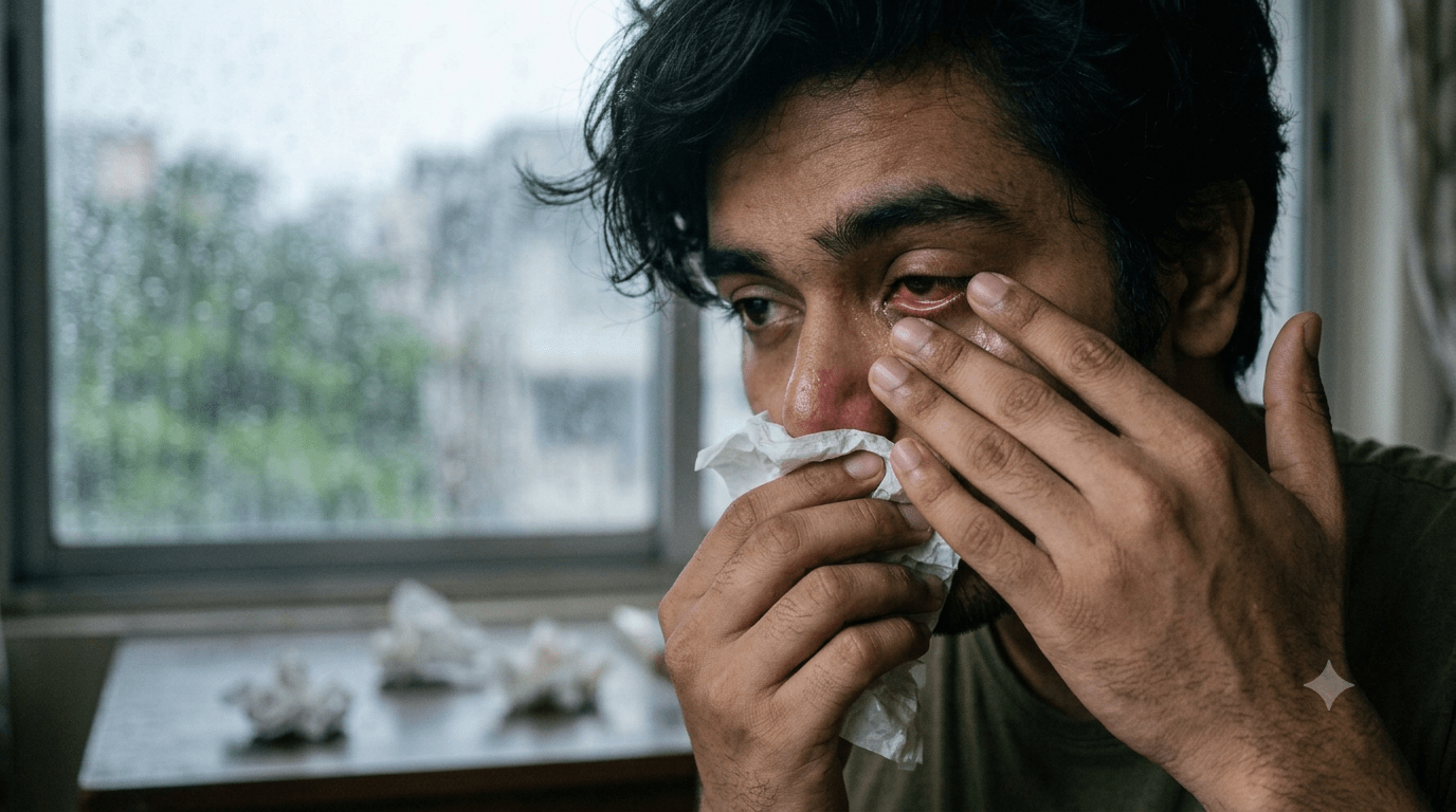 A man rubbing his red, watery right eye